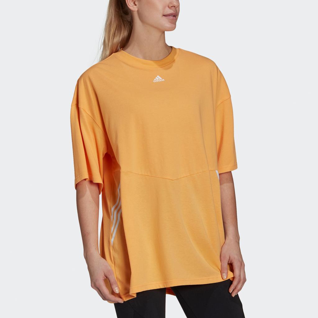 Adidas Oversized Striped Print Tee With Round Neck And Short Sleeves Women Tops Orange H65062