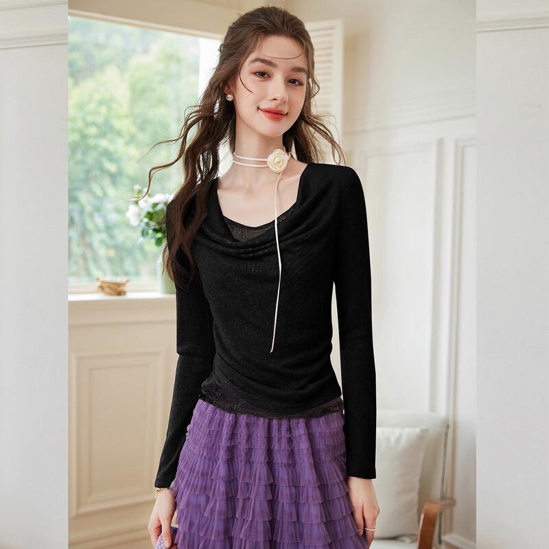 Элегантная кружевная пэчворк футболка с длинным рукавом Bailuyu S