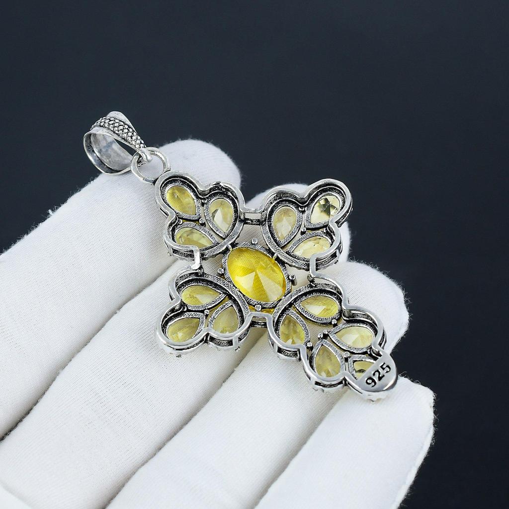 Beautiful Citrine Gemstone Silver Cross Pendant In 925 Sterling Silver - Handmade Pear Design, Everyday Wear Jewelry Gift For Love
