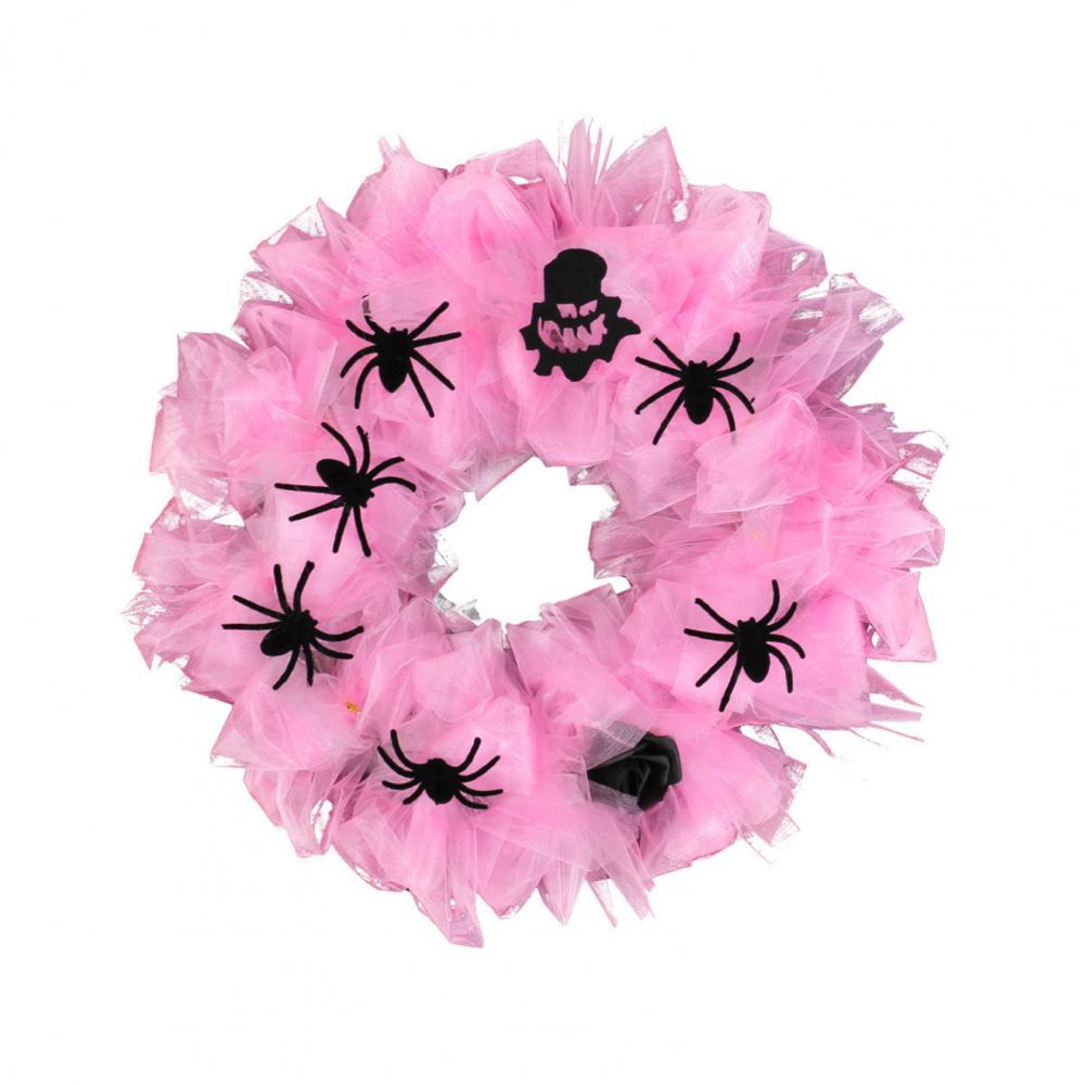 Halloween Home Decor Indoor Outdoor Halloween Wreath Spooky Halloween Wreath with Pink Gauze Spiders Decorative Front