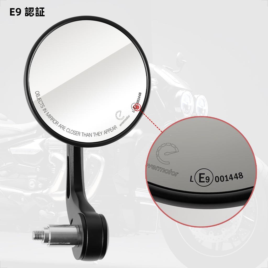 Evermotor Universal E9 Certified Motorcycle Rotating Aluminum Handlebar End Rearview Mirrors for and Mopeds Mirrors, 360° Mirrors, Quads, Scooters,