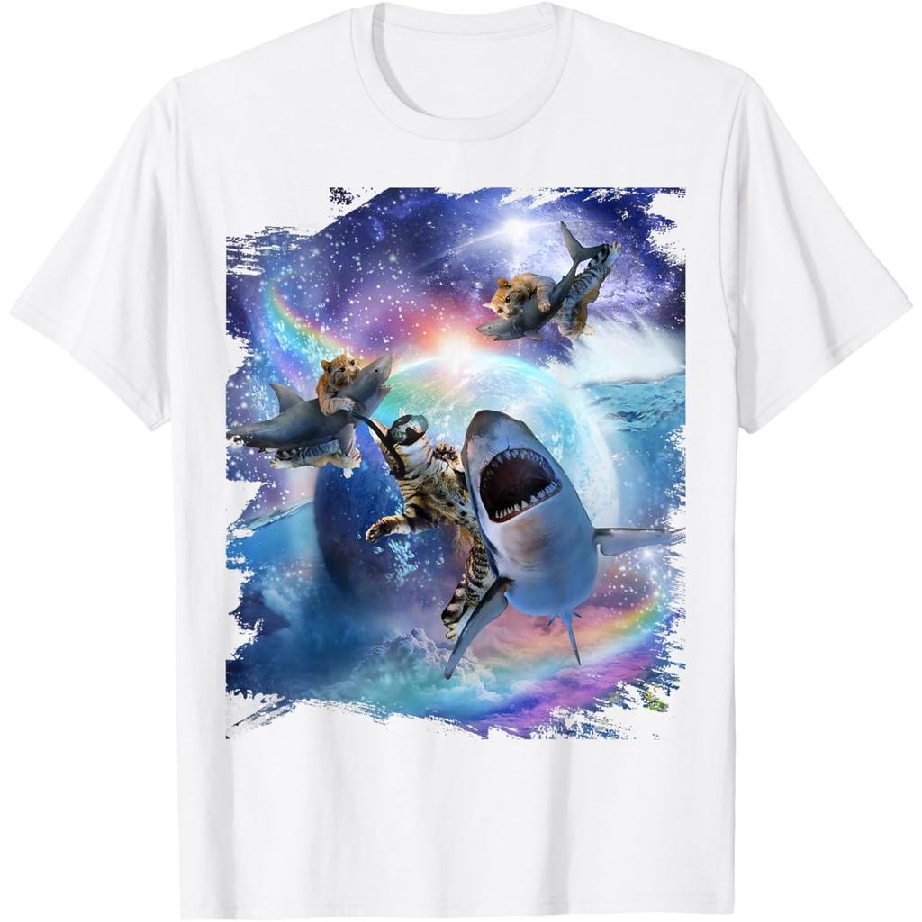 Galaxy Cat Riding Shark Space Graphic Print Mens Casual Cotton Tshirt