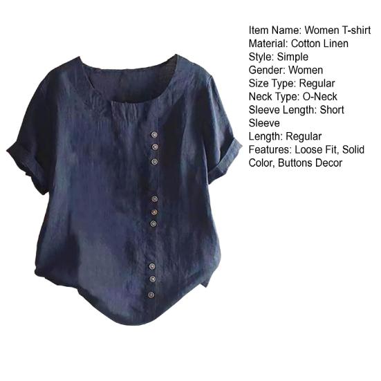 Women Summer T-shirt Round Neck Short Sleeve Buttons Decor Tee Shirt Solid Color Loose Fit Pullover Tops Daily Wear
