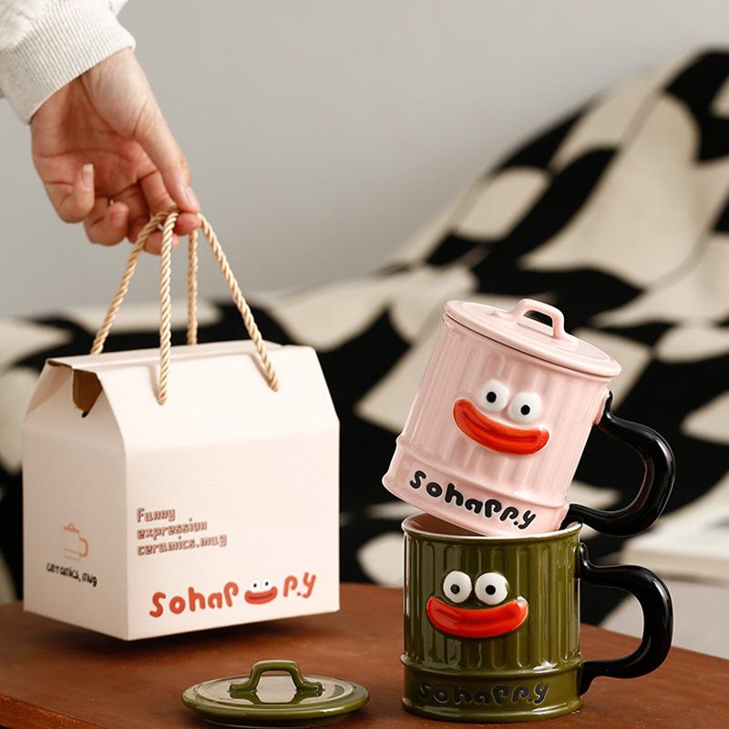 Cartoon Big Mouth Mug Smiling Face Cute Ceramic Cup with Lid Small Gift Couple Water Cup High Temperature Resistance Cup Student