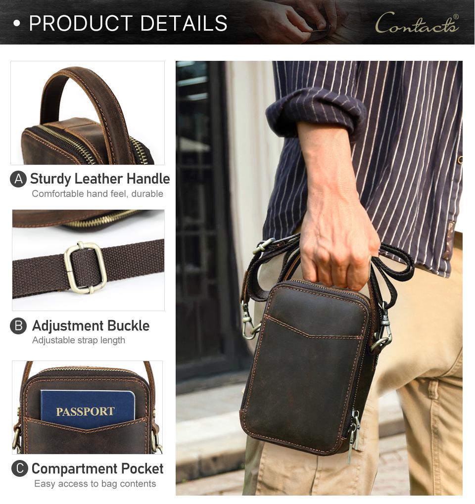 Retro Crazy Horse Leather Crossbody Phone Bag - Compact Outdoor Travel Storage