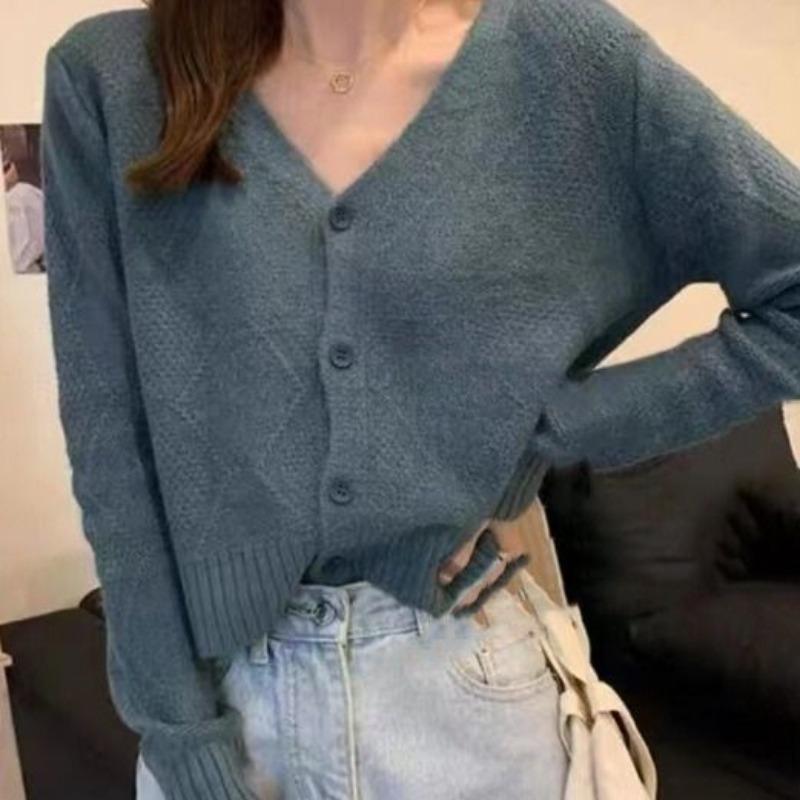 Autumn and winter new loose simple versatile knitted cardigan women's soft waxy v-neck thin long-sleeved sweater jacket trendy