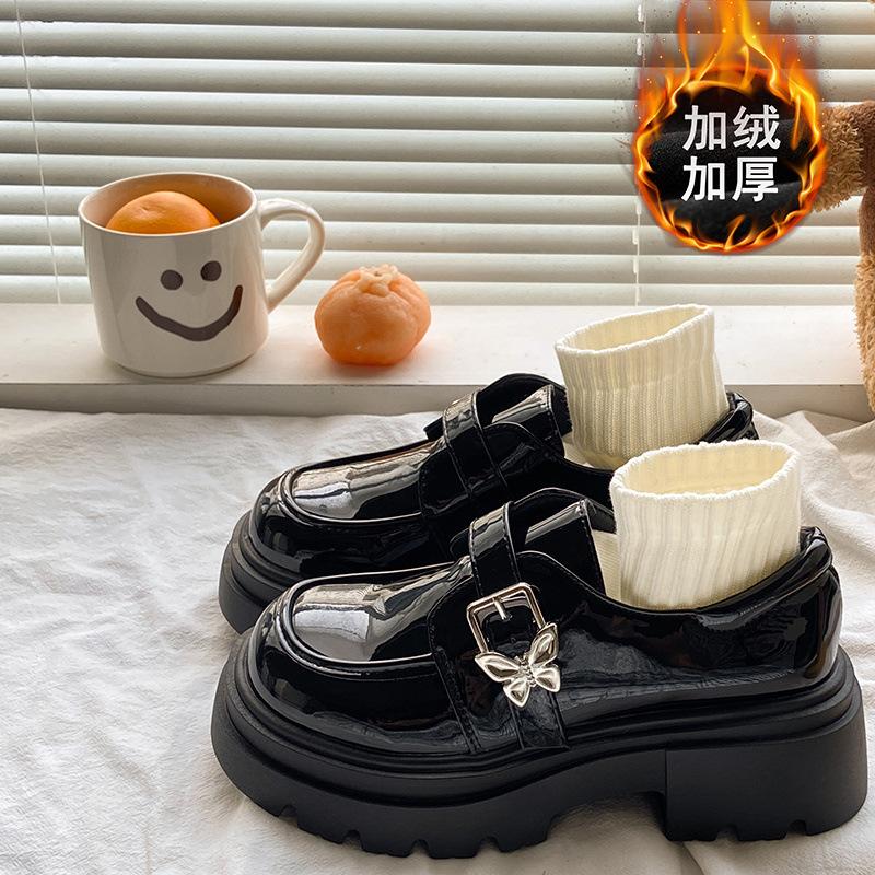 Schwarz Damen Lederschuhe mit dicker Sohle 2025 neu Frühling und Herbst Britischer Stil dicker Absatz erhöht runde Zehenpartie japanischer JK Loafer Einzelschuh