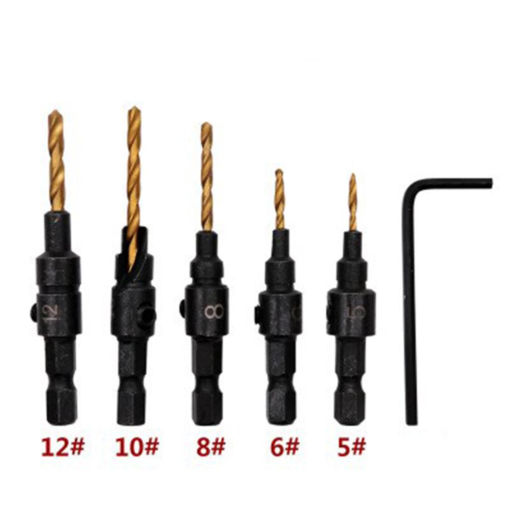 5pcs/Set Countersink Drill Woodworking Drill Bit Set Drilling Holes for Screw Sizes #5 #6 #8 #10 #12