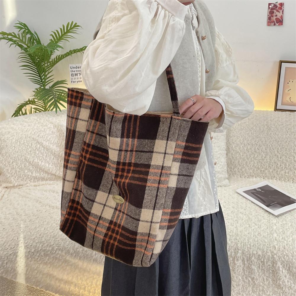 Vintage Plaid Woolen Tote Bag In Yellow Check And Brown Check With Spacious Design For Daily Use