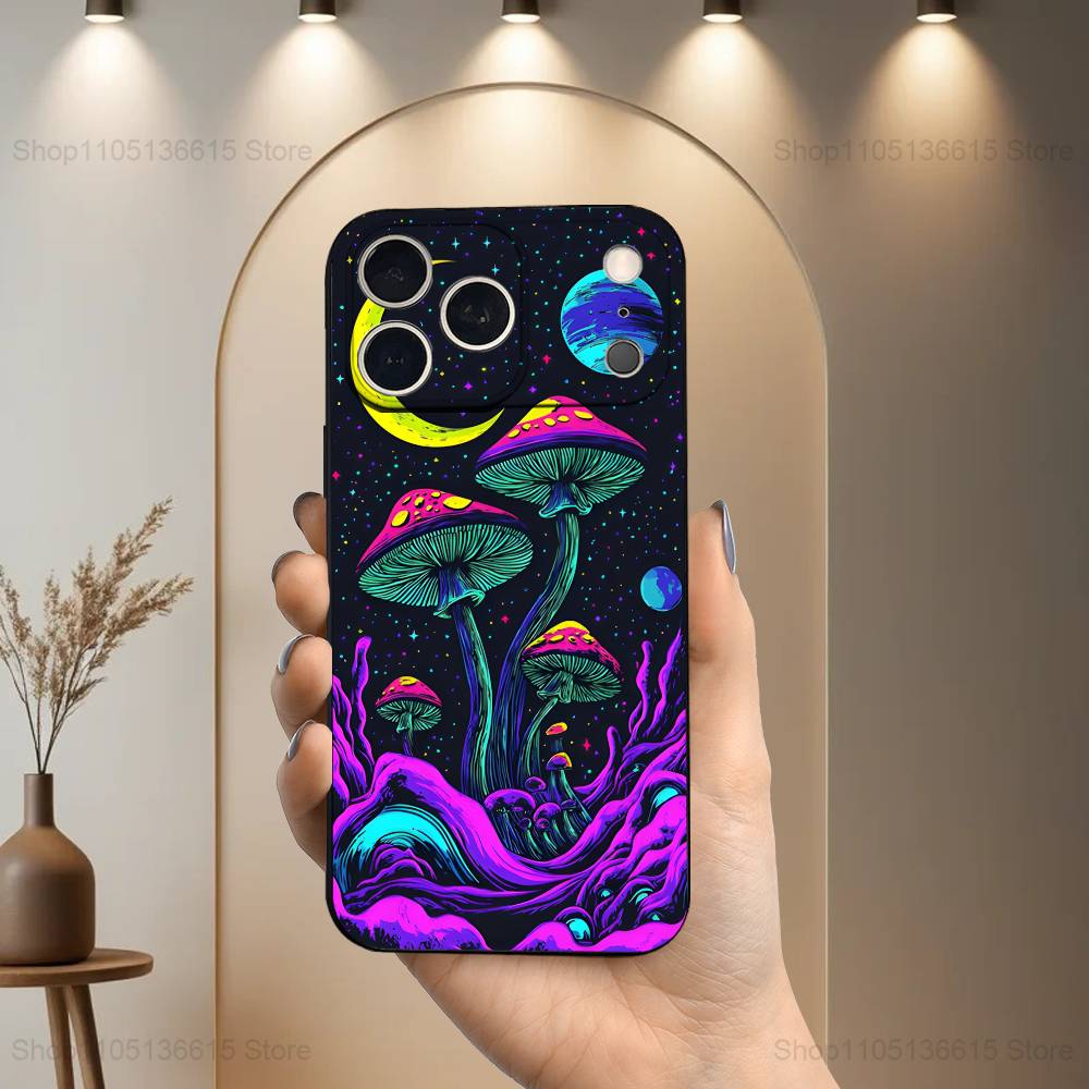 Trippy Plant Mushroom Case For iPhone 12,14,15,16,17,13,11,X,Mini,Plus,Pro Max,8,7,XR,SE,XS,Soft Silicone Black