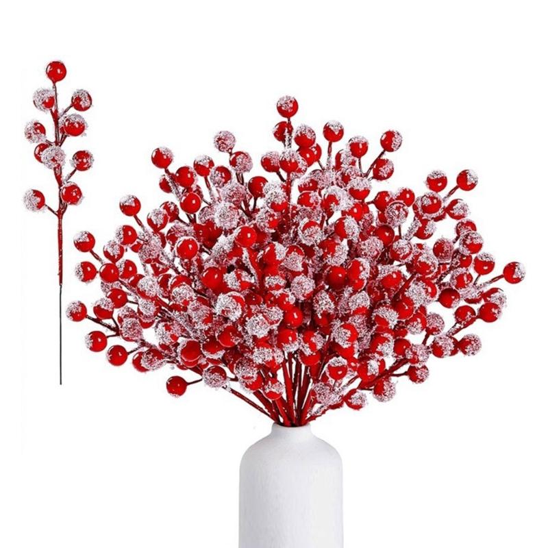 50Pcs Realistic PVC Berries Branches Bendable Iron Stems For Christmas Tree Wreath Table Display Wedding Centerpieces