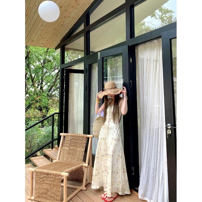 French Vacation Style Sleeveless V-neck Floral Dress for Women, Summer Waist-cinching Slimming A-line Dress, Gentle Style Slip Long Dress
