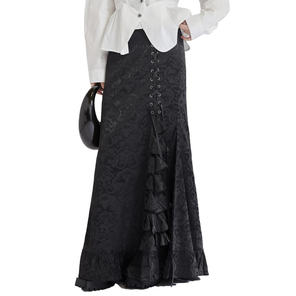 2025 Gothic Victorian Jacquard Fishtail Skirt with Lace-Up Detail