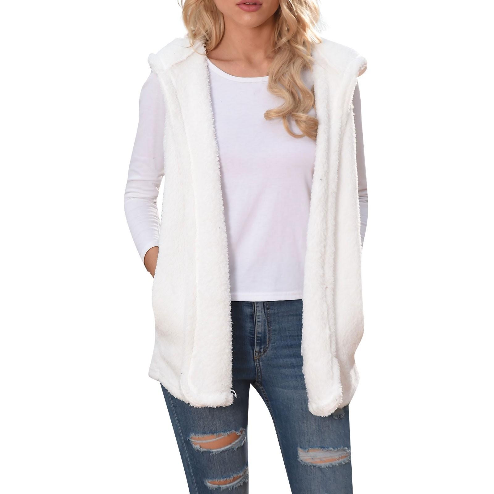 

Жіноче модне однотонне повсякденне пальто, плюшевий жилет, топ з капюшоном і кишенями M білий