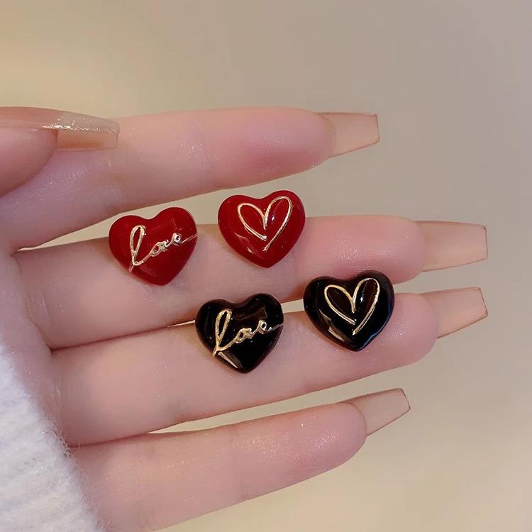 Drip Glaze Asymmetric Peach Heart Earrings Women's Light Luxury Senior Sense Fashion Design Versatile Everyday Ear Jewelry