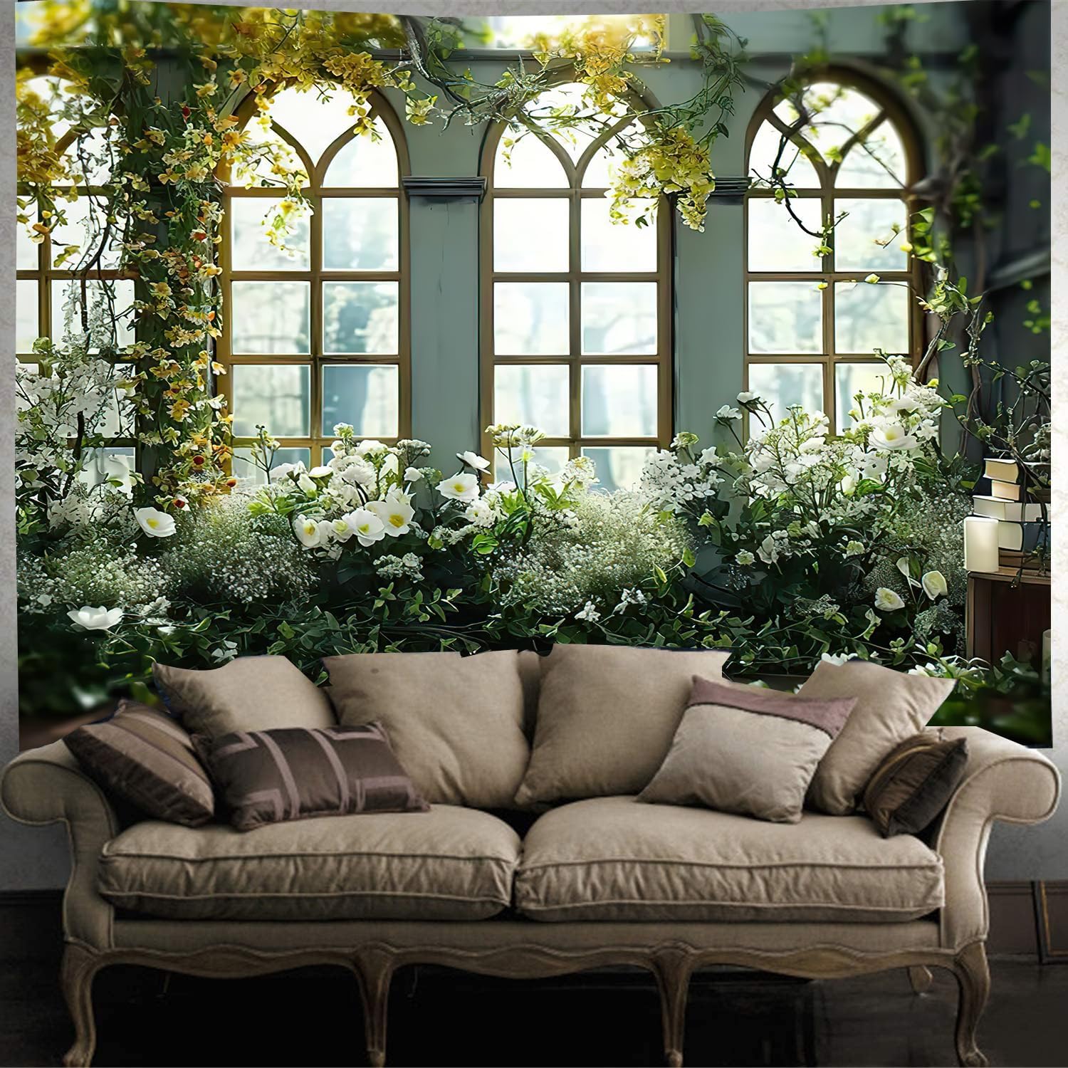 Tapestry view from the window white flower 75x100 чёрный