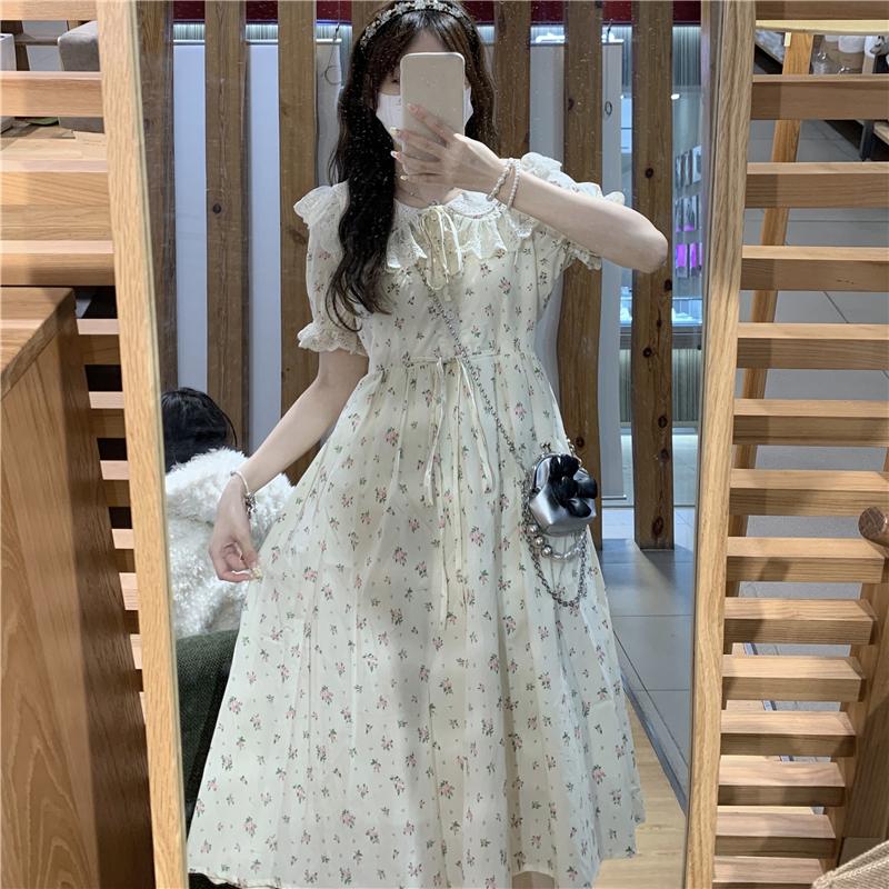 Mori fille été femmes robe florale col claudine évider dentelle