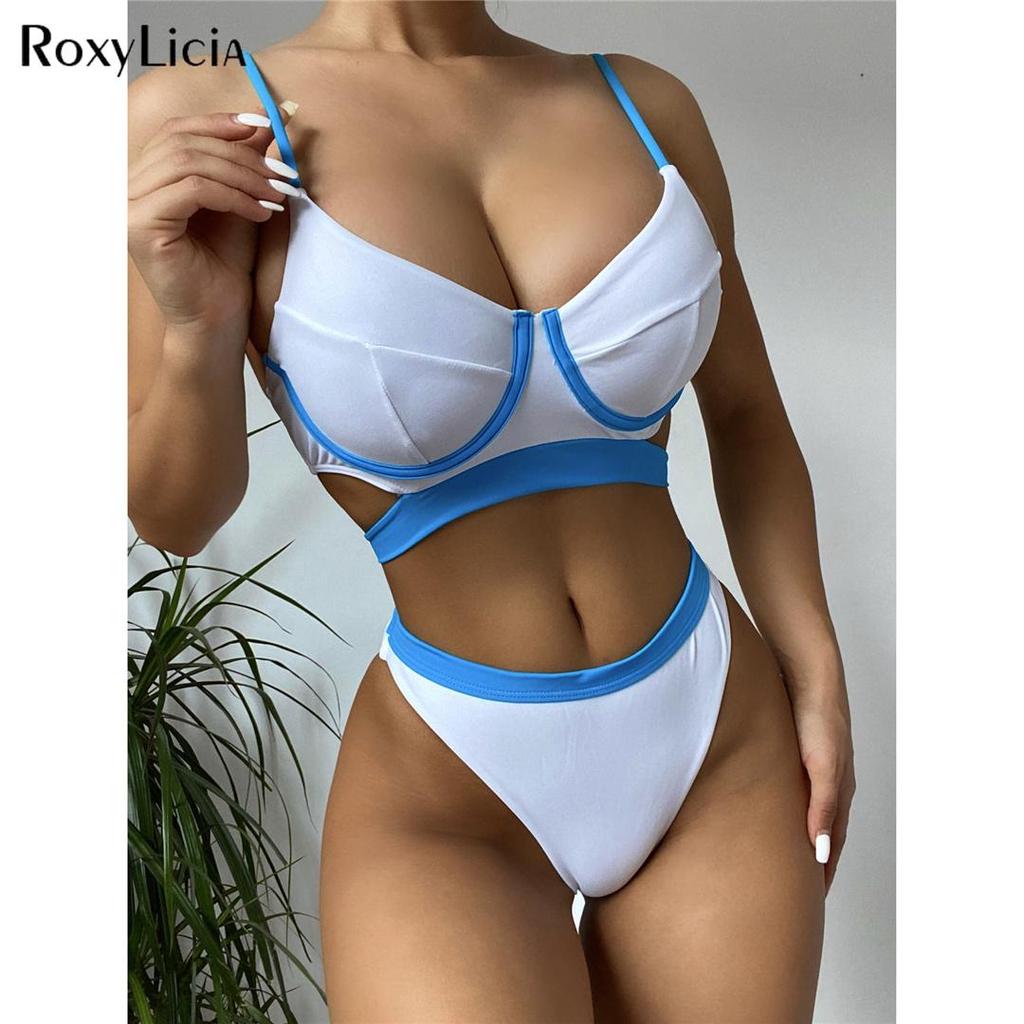 Splicing Mid Waist Bikini Female Swimsuit Women Swimwear Two-pieces Bikini Set Padded Bather Bathing Suit Swim Lady