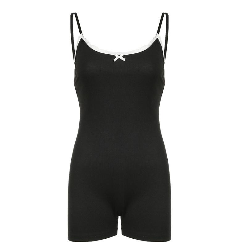 European and American Y2K Women's Lace Patchwork Bow Solid Color Tight Suspender Jumpsuit