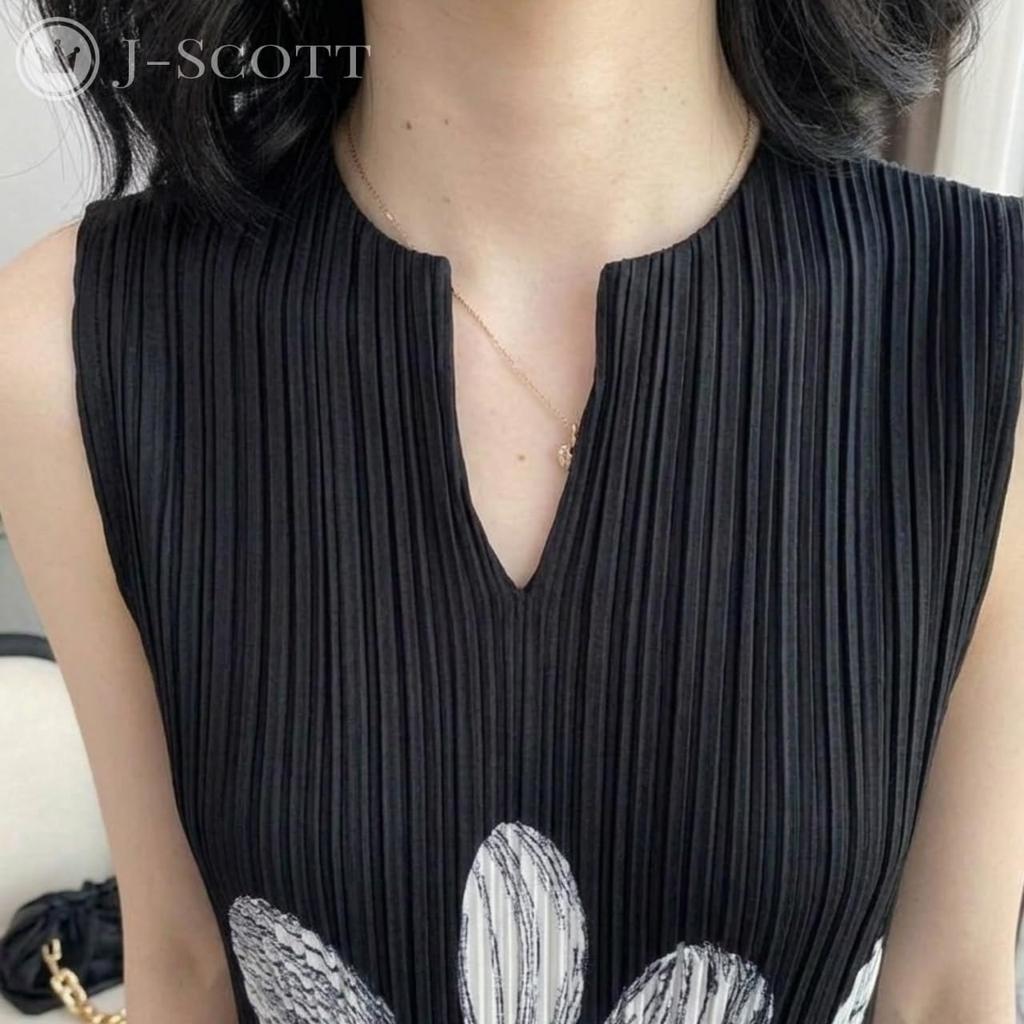 Art Print Pleated Maxi Floral White [J-Scott] Dress, Sleeveless, V-Neck, A-Line, Drape, Print, Long, Travel, Resort, Figure-Flattering, Spring/Summer,