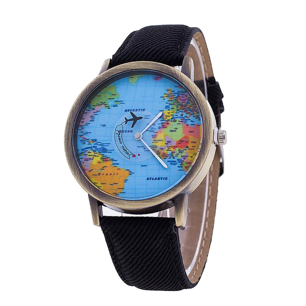 Fashion Retro Belt Quartz Watch Airplane Second Hand Map Watch Unisex
