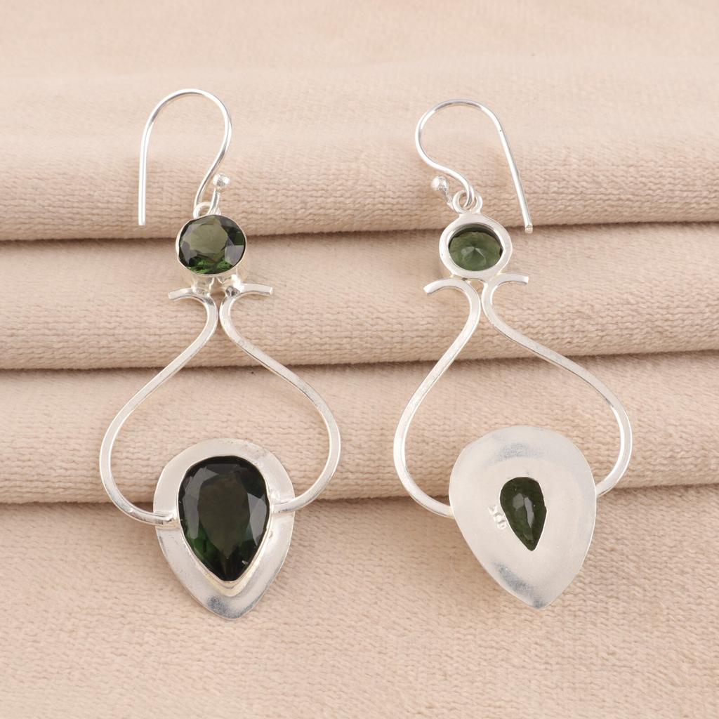Natural Green Tourmaline Gemstone 925 Sterling Silver Handcrafted Earrings 2.07" EE-170-8