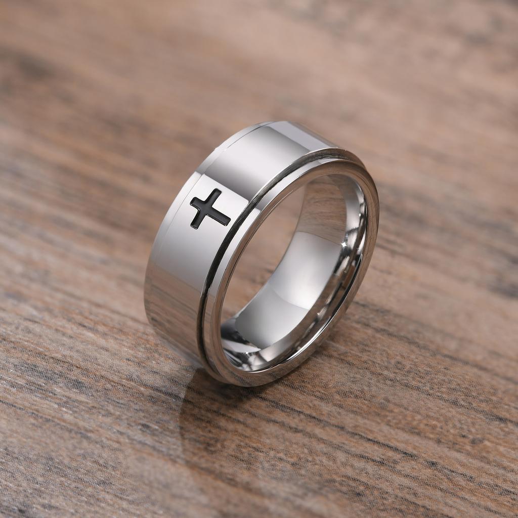 Vnox Spinner Kreuzring für Herren, Schwarz Edelstahl Drehbar Stressabbau Fingerband, Jungen Christus Jesus Religion Ring