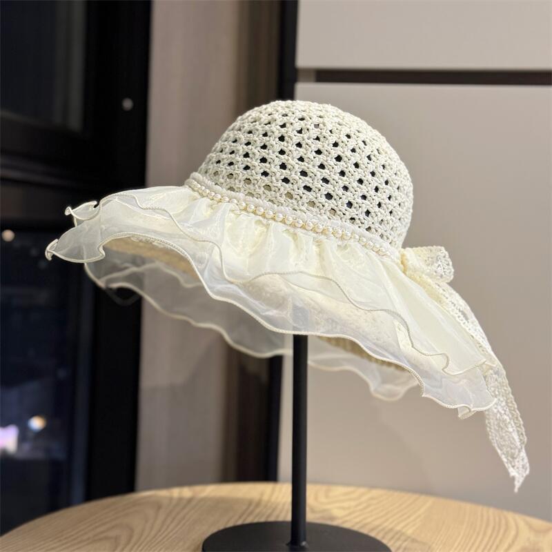 New Lace Straw Fisherman Hat for Women, Summer Wide-brimmed Sun Protection Breathable Hollow-out Sun Hat, Vacation Casual Hat, Trendy