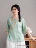 2026 Spring/Summer Women's National Style Embroidered Ramie Shirt with Oblique Lapel & Frog Buttons, Round Neck, Three-Quarter Sleeves