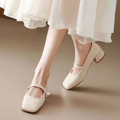 Small Leather Shoes with Skirts, Evening Single Shoes, 2025 Spring and Summer New High Heels, French Medium Heel Thick Heel, Mary Jane Women's Shoes