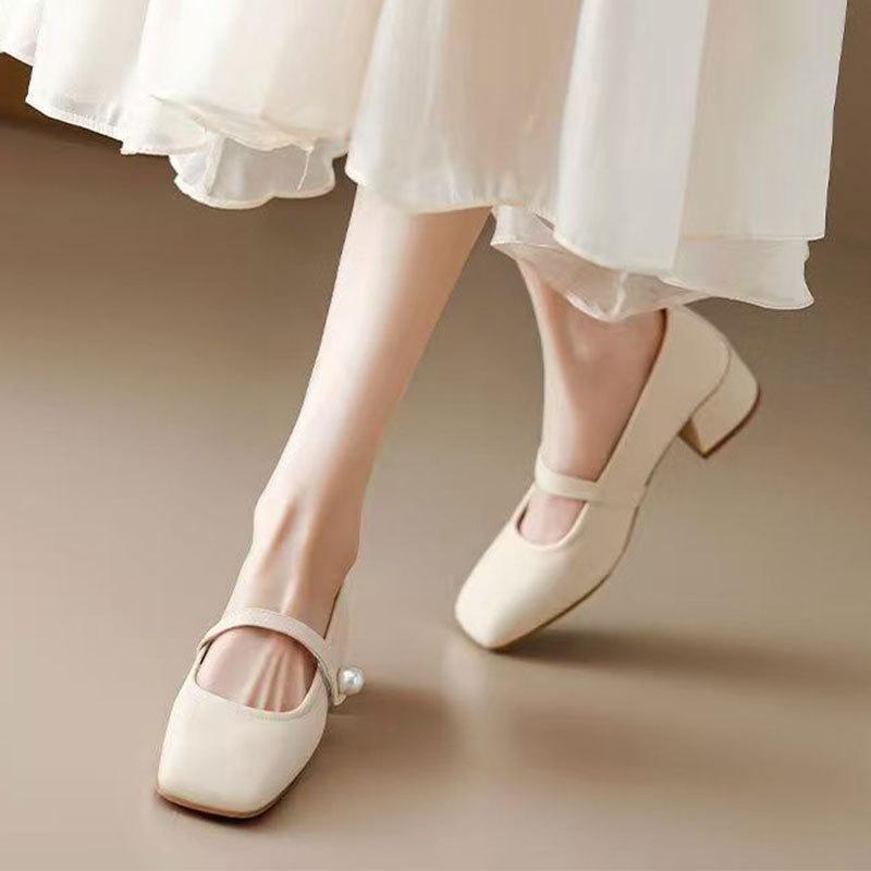 Small leather shoes with skirts, evening single shoes, 2025 spring and summer new high heels, French medium heel thick heel, Mary Jane women's shoes