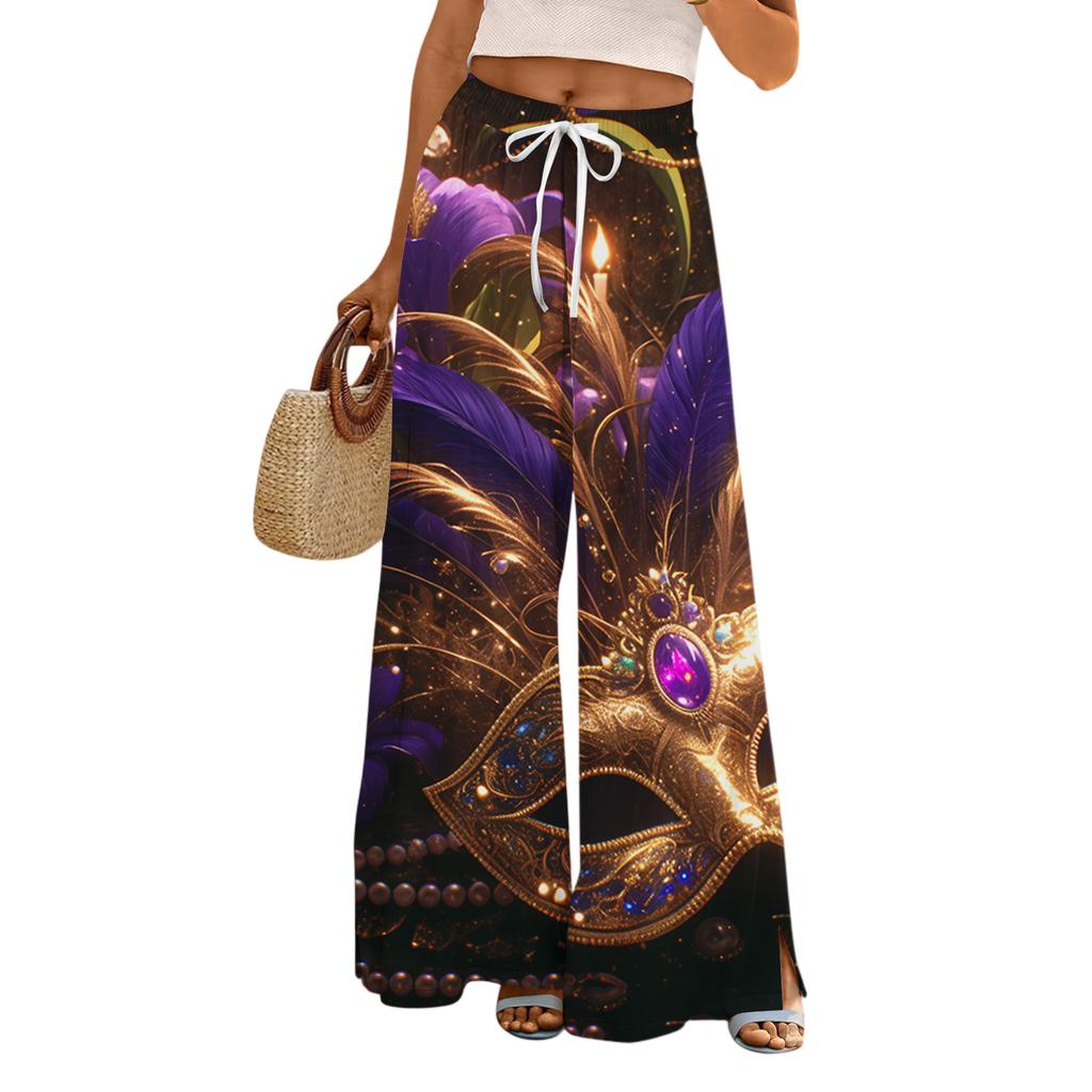 Damskie Luźne i Codzienne Spodnie z Szerokimi Nogawkami z Nadrukiem, z Elastycznym Pasem, Sznurkiem i Kieszeniami