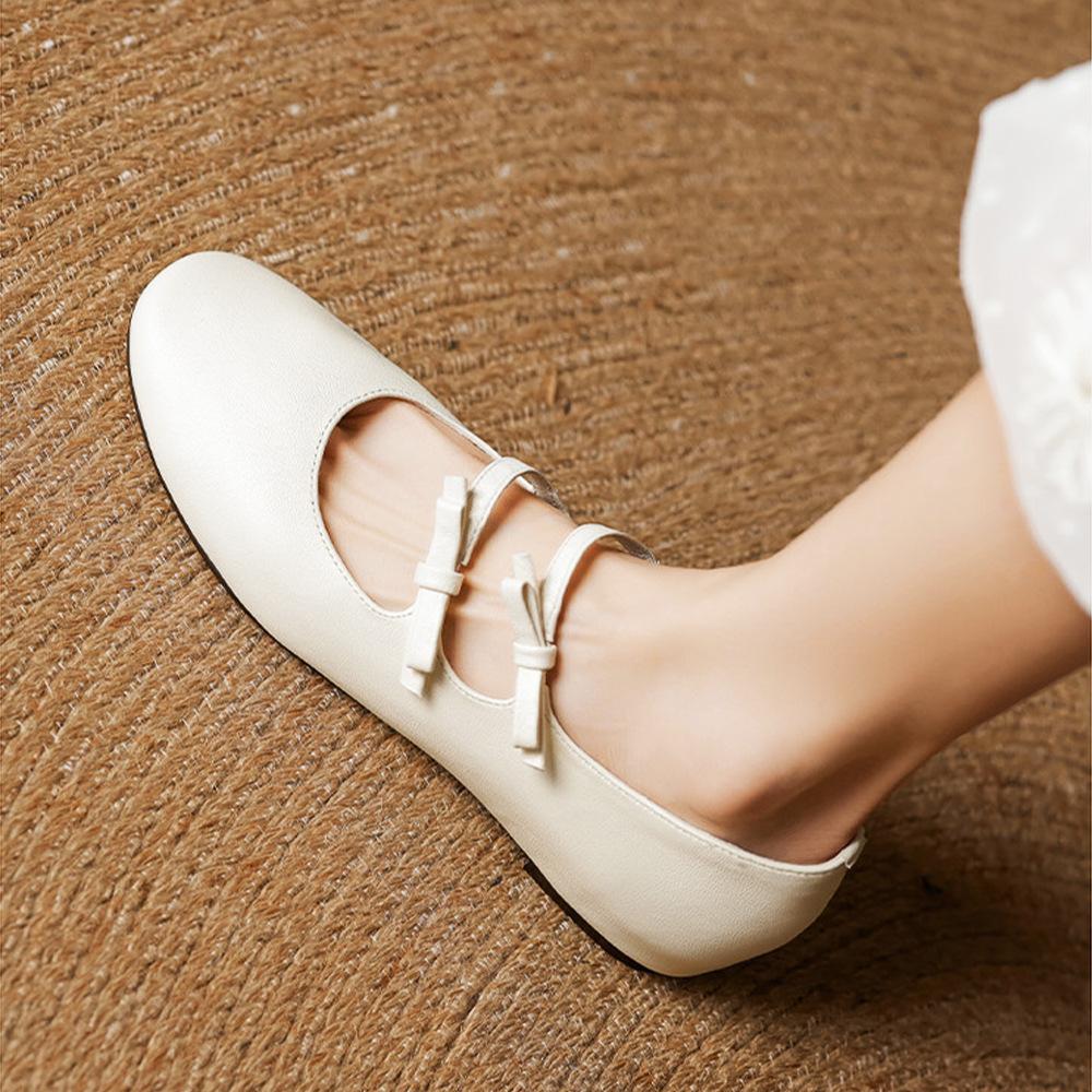 French Round Head Bow Mary Jane Shoes Women's New Shallow Mouth Flat Sole Shoes Versatile Leather Shallow Mouth Women's Shoes