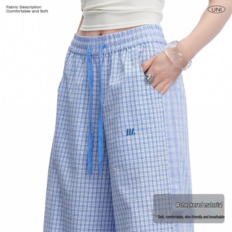 UNIFREE Blue Plaid Casual Wide-Leg Pants