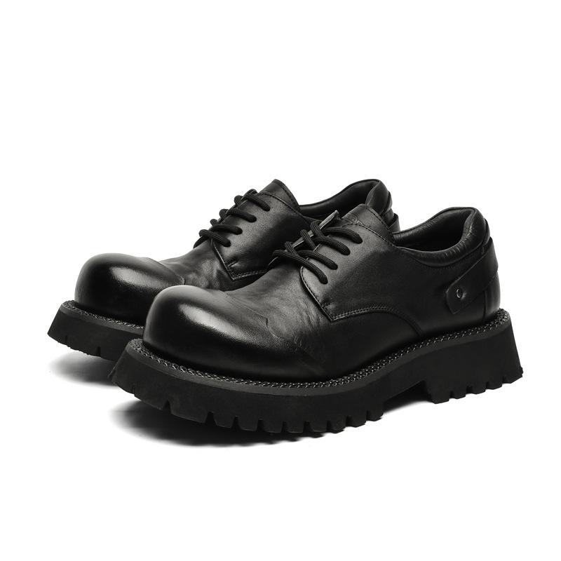 2024 Men's Genuine Leather Round Toe Derby Shoes - British Style, Thick Sole, Black Boots