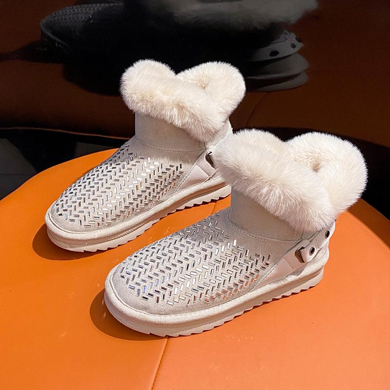 2024 Winter Large Size High Platform Shoes Slip-on  Warm Real Mink Fur Shoes Women Luxury Crystal Hand Stitching Leather