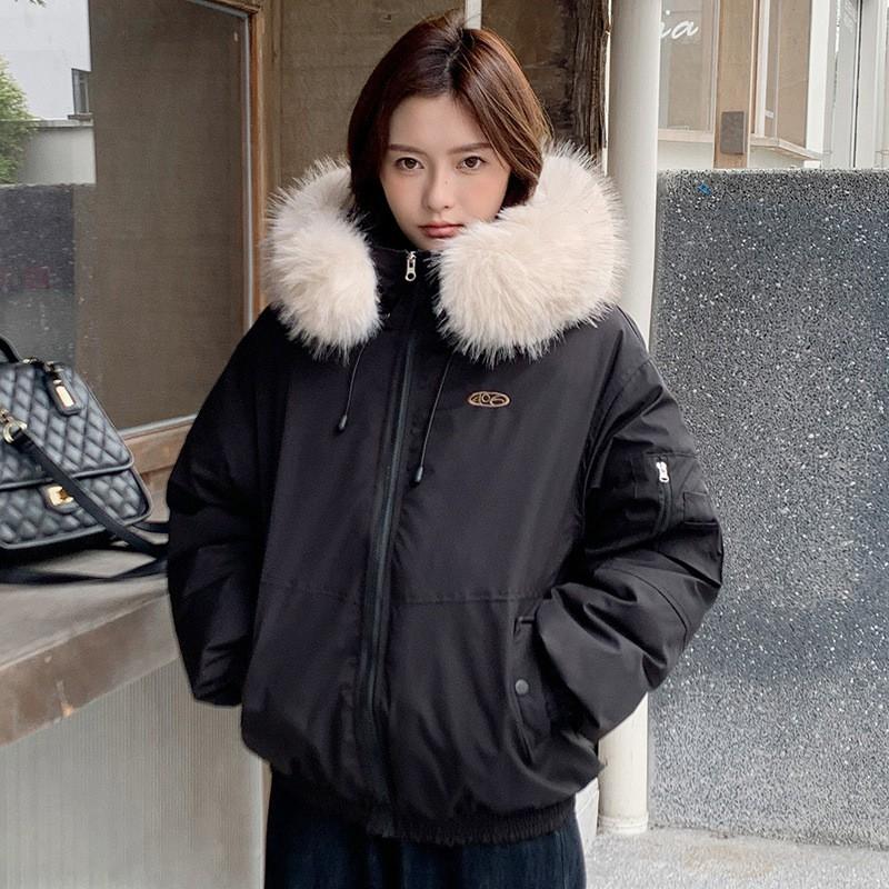 Womens Short Puffer Coat With Faux Fur Hood Winter Warm Cotton-Padded Jacket Loose Fit Casual Style