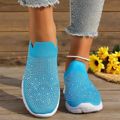Sommer Neue Damen Glitzer-Mesh Slip-On Sneaker Glänzende Strasssteine Atmungsaktiv Leicht Freizeit-Gehschuhe Mehrere Farben