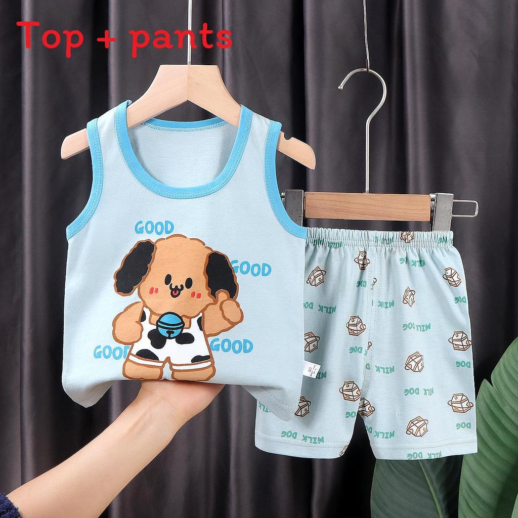 Cotton Kids Summer Sleeveless Shorts Set With Animal Cartoon Prints For Boys And Girls