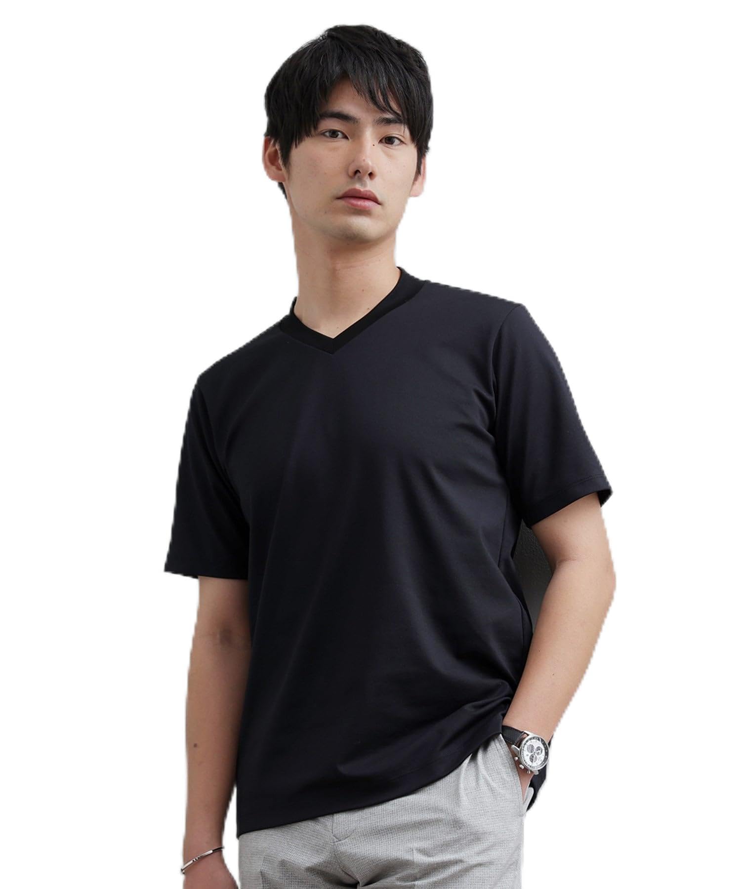 

Takeo Kikuchi Tailored Jersey Size Black 01 Men s V-Neck Shirt, 07031025, (019) (S)