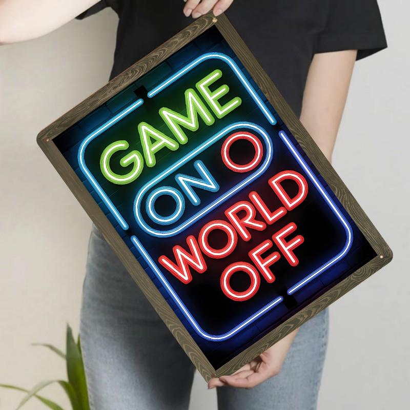 

Game On World Off Custom Neon Style Metal Tin Sign for Game Room Decor Mancave Wall Art 20x30cm（7.8x11.8inch）