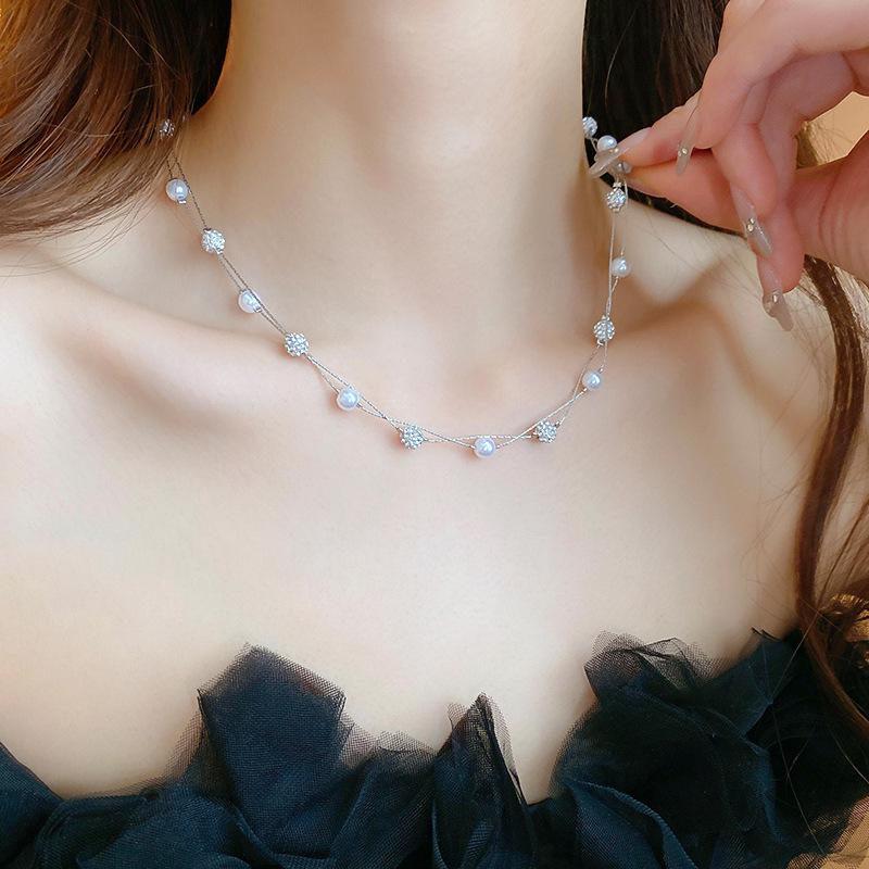 S925 Sterling Silver Double-Layer Pearl  Zircon Necklace - Elegant, Versatile, Light Luxury Style for Women S925 Silver