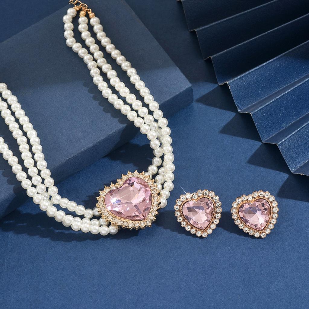 3PC Women's Fashion Peach Heart Pearl Series Necklace, Earrings, and Jewelry Set, Suitable for Wedding, Party, and Festival Gift