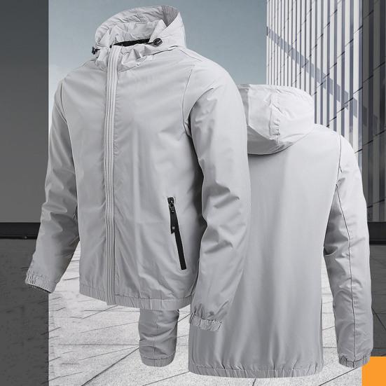 Pánská bunda Jednobarevná bunda s kapucí, dlouhým rukávem, bunda s kapsami, léga na zip, větruodolná, voděodolná, svrchní oblečení na běhání