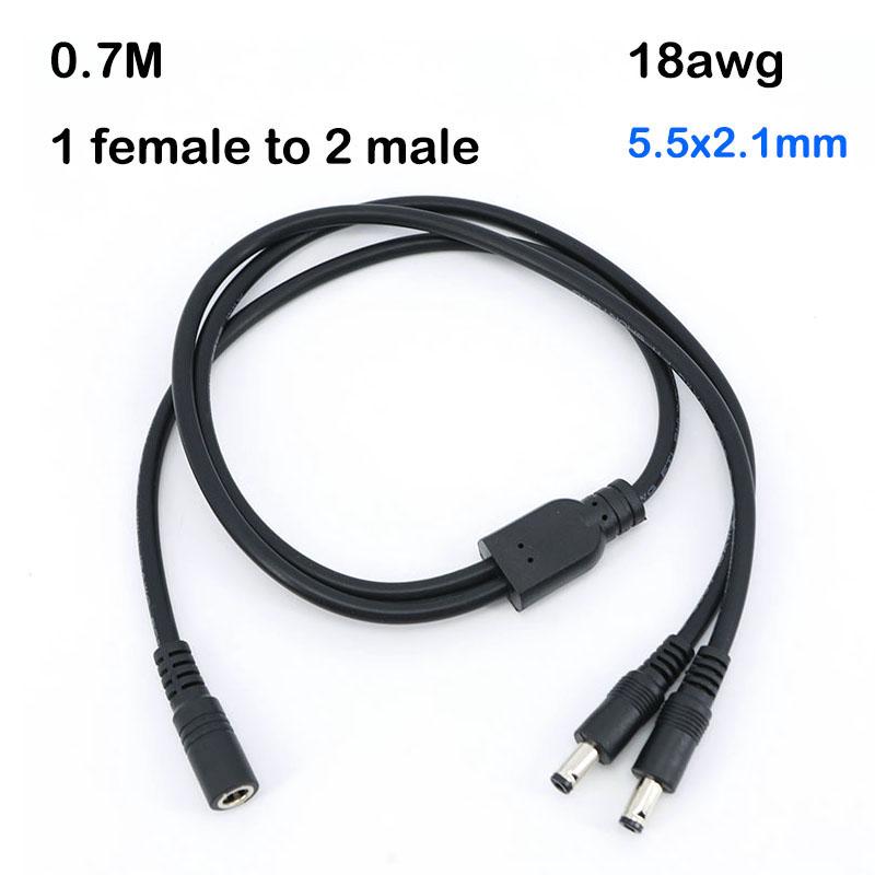 5pcs long 70cm 1 Female to 2 way Male 18awg 12V DC Power Supply Splitter Plug connector Camera Cable 5.5x2.1mm Adapter