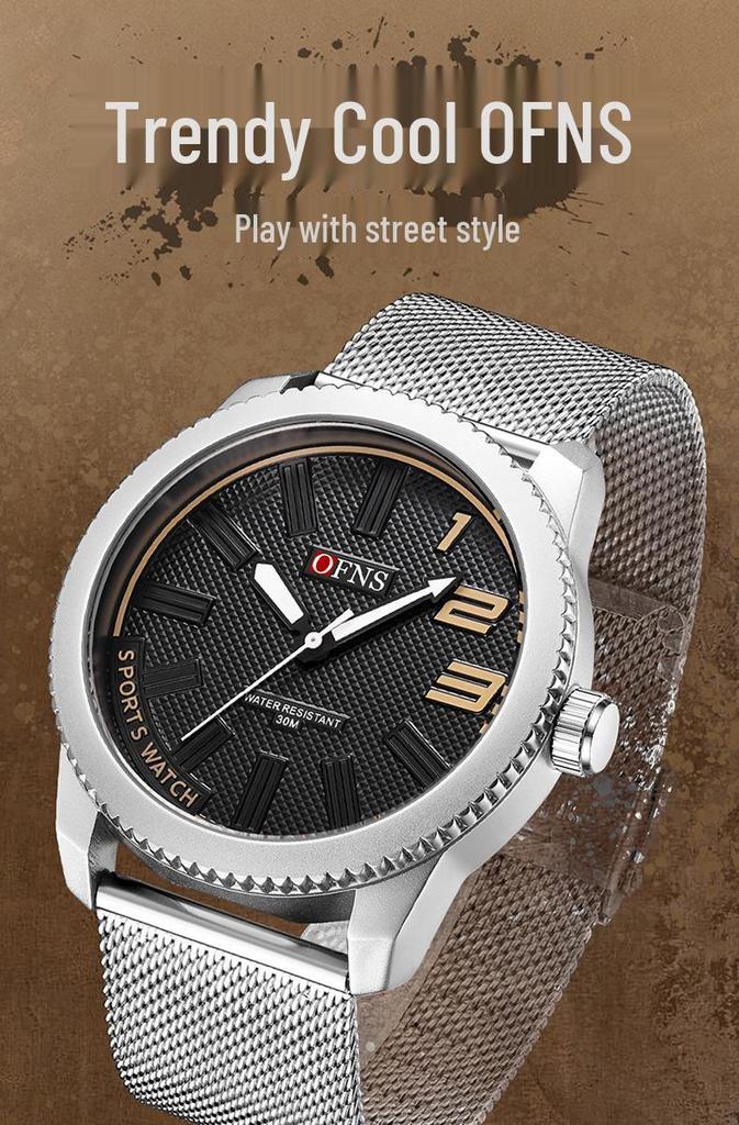 OFNS Men's Ultra-thin Quartz Wristwatch with Rotating Bezel and 3D Markers