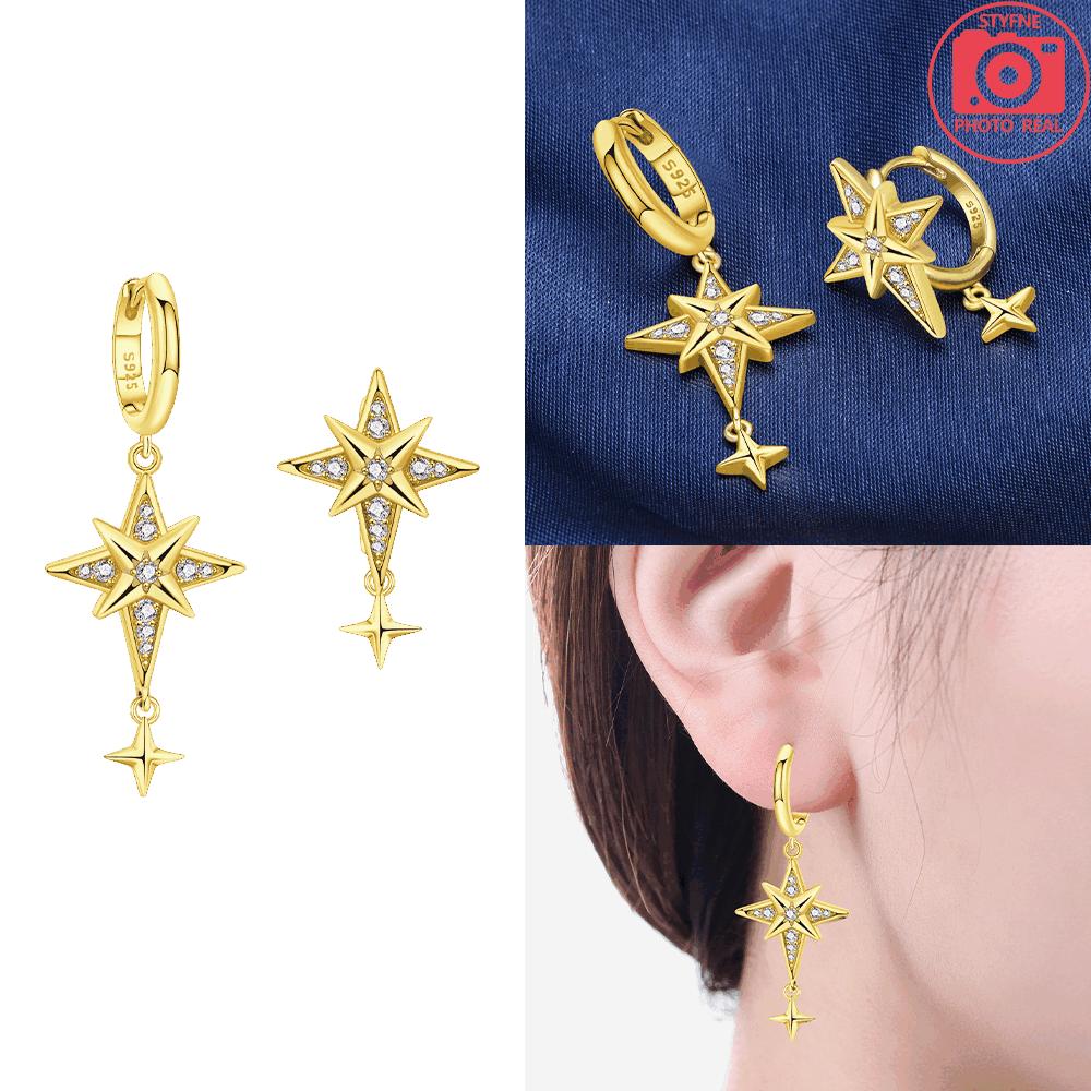 

925 Silver Gold Asymmetrical Earrings Stars Moons Exquisite Earrings Women Jewelry Valentine s Wedding Gift