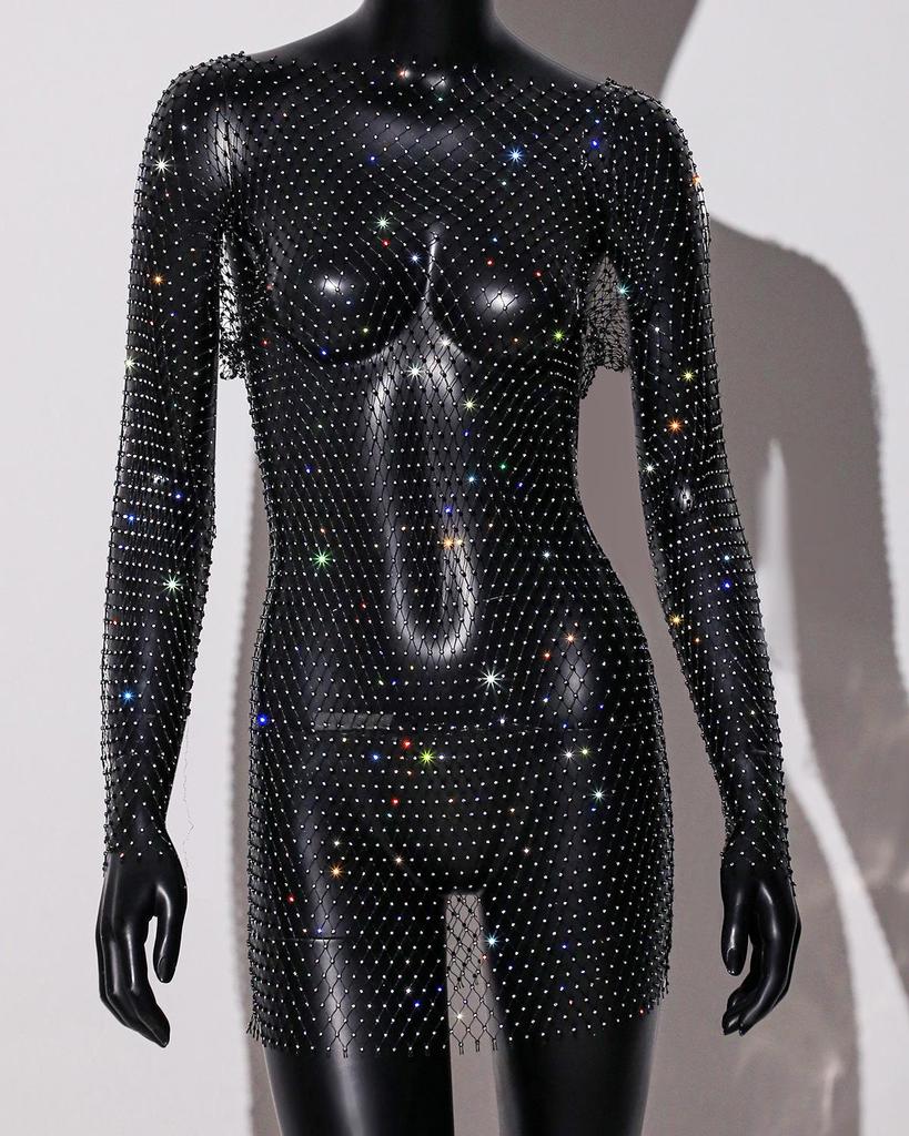 Damen Strass Fischnetz Rückenfreies Langarm Sexy Überwurfkleid