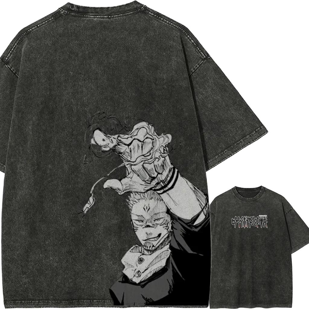 Sukuna Cursed Power T-shirt Jujutsu Kaisen Tee Vintage Washed Oversized Retro Anime Harajuku Streetwear Graphic Manga Clothing