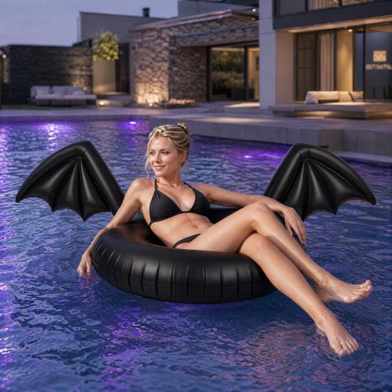 Inflatable Pool Float, Creative Bat Wings Decor, Black Thickened PVC Swim Ring for Pool Party Halloween Beach